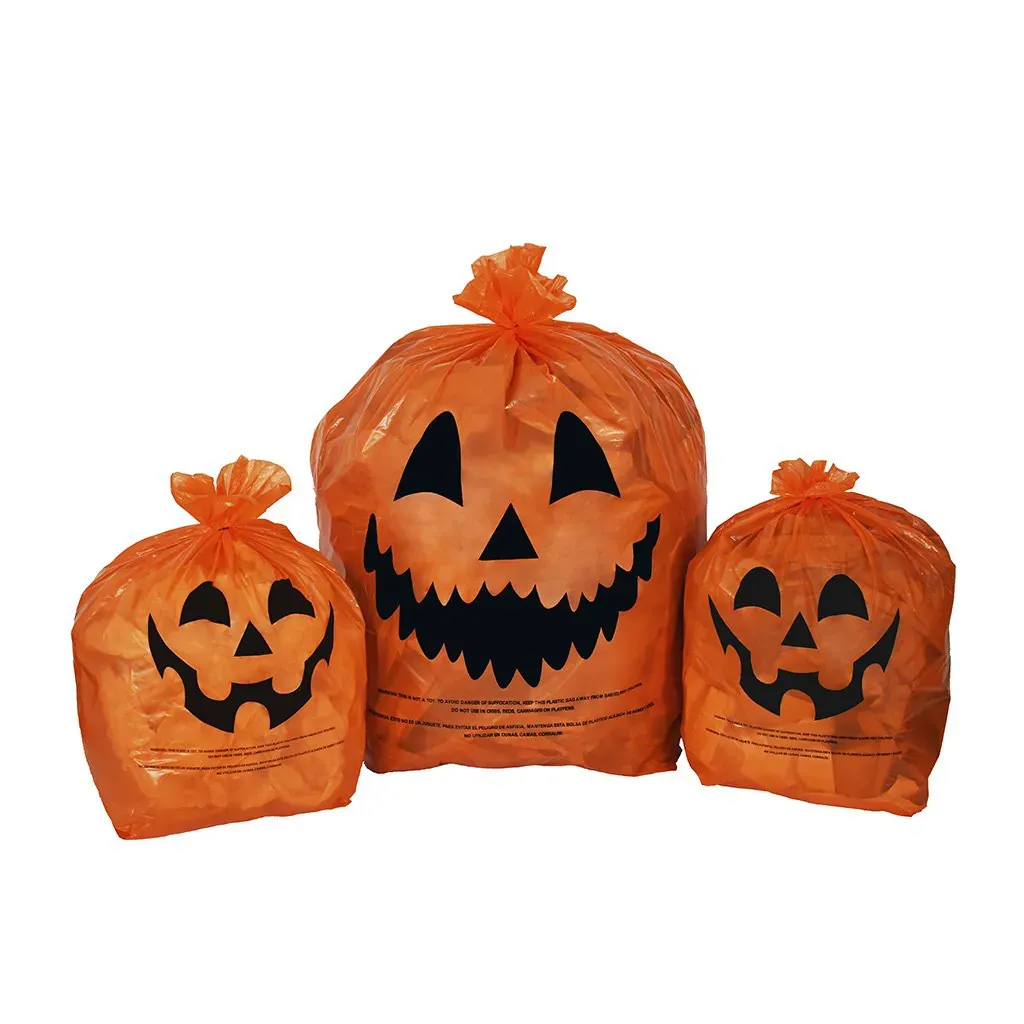 Halloween Pumpkin Plastic Lawn and Leaf Bags Decoration - Outdoor Fall Trash Bag Decor - Orange (5-Pack)